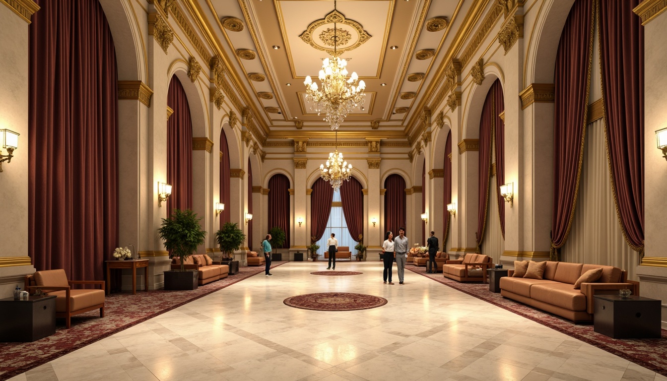 Prompt: Grand hotel lobby, ornate columns, intricately carved capitals, polished marble floors, elegant chandeliers, luxurious furnishings, rich velvet drapes, golden accents, symmetrical composition, classical arches, ornamental moldings, subtle lighting, warm beige tones, refined textures, shallow depth of field, 1/1 composition, realistic reflections, ambient occlusion.