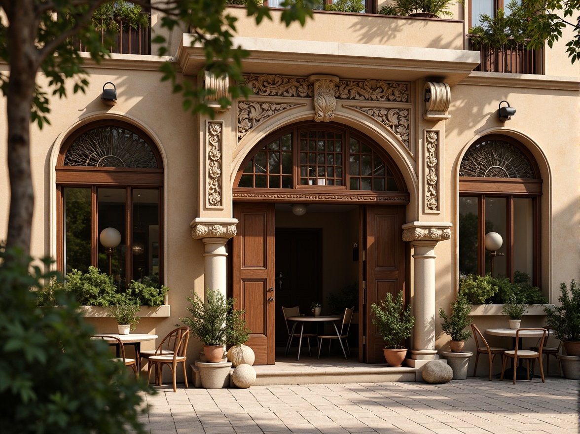 Prompt: Renaissance-style coffee shop facade, ornate stone carvings, arched windows, rustic wooden doors, vintage metal lanterns, intricate stucco patterns, warm beige color scheme, ornamental columns, grand entrance, inviting outdoor seating, lush greenery, potted plants, soft warm lighting, shallow depth of field, 1/1 composition, realistic textures, ambient occlusion.