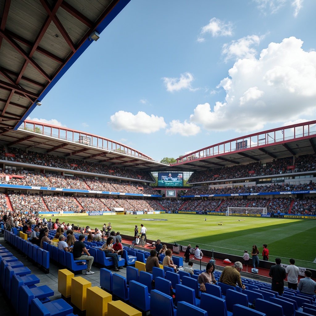 Prompt: Vibrant stadium atmosphere, electric blue seats, bright yellow accents, bold red stripes, dynamic LED lighting, modern angular architecture, sleek metal beams, polished concrete floors, energetic crowd scenes, sunny day with fluffy white clouds, shallow depth of field, 1/1 composition, realistic textures, ambient occlusion, dramatic shadows, warm golden hour lighting.