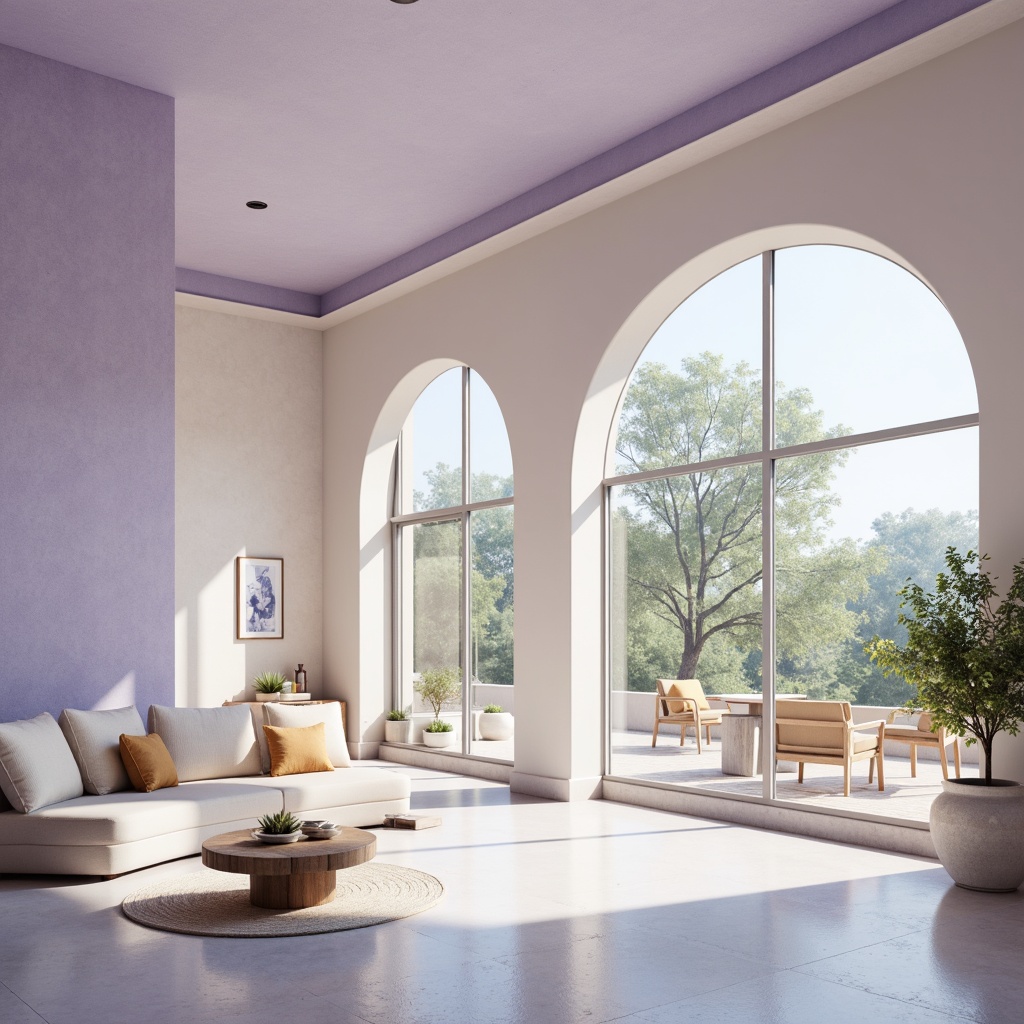 Prompt: Soft lavender blue hues, calming atmosphere, serene architectural design, gentle curves, rounded edges, soothing color scheme, pastel shades, creamy whites, warm beige accents, natural stone textures, wooden elements, minimalist decor, cozy reading nooks, floor-to-ceiling windows, abundant natural light, softbox lighting, shallow depth of field, 1/1 composition, intimate scale, peaceful ambiance, subtle gradient effects.