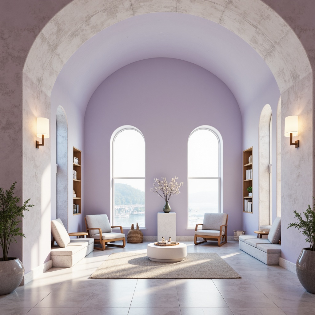 Prompt: Soft lavender blue hues, calming atmosphere, serene architectural design, gentle curves, rounded edges, soothing color scheme, pastel shades, creamy whites, warm beige accents, natural stone textures, wooden elements, minimalist decor, cozy reading nooks, floor-to-ceiling windows, abundant natural light, softbox lighting, shallow depth of field, 1/1 composition, intimate scale, peaceful ambiance, subtle gradient effects.