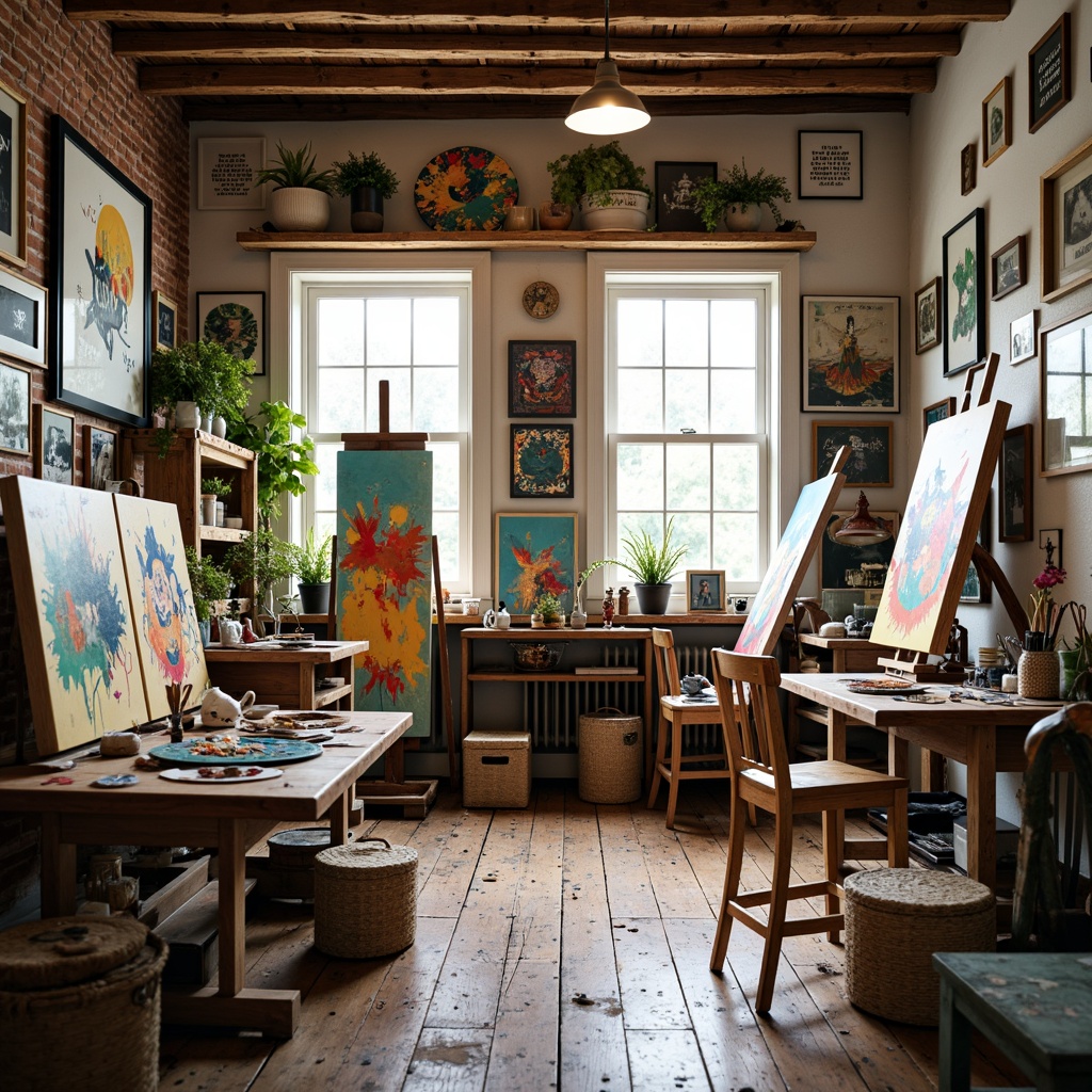 Prompt: Vibrant art studio, eclectic furniture, bold brushstrokes, abstract canvases, artistic easels, paint-splattered aprons, colorful palettes, mixing mediums, textured papers, natural light pouring in, wooden floorboards, inspirational quotes, creative freedom, warm cozy atmosphere, soft overhead lighting, 3/4 composition, shallow depth of field, realistic textures.