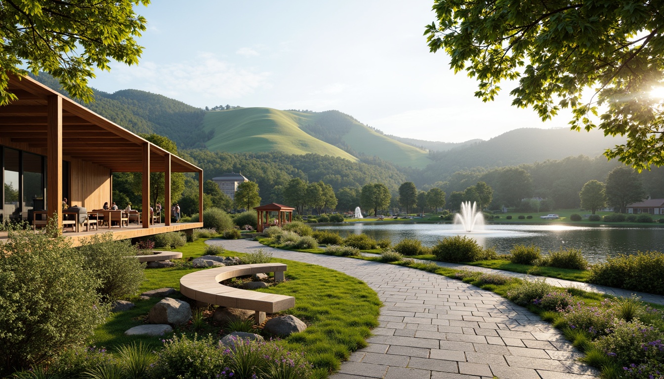 Prompt: Harmonious landscape integration, rolling hills, lush greenery, serene lakeside, walking trails, wooden benches, natural stone pathways, modern architecture, large windows, glass doors, blooming flowers, sunny day, soft warm lighting, shallow depth of field, 3/4 composition, panoramic view, realistic textures, ambient occlusion.