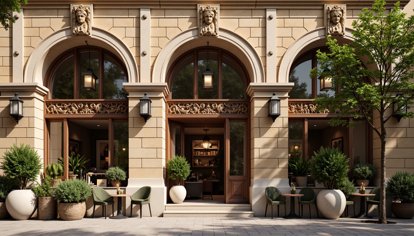 Prompt: Renaissance-style coffee shop facade, ornate stone carvings, arched windows, rustic wooden doors, vintage metal lanterns, intricate stucco patterns, warm beige color scheme, ornamental columns, grand entrance, inviting outdoor seating, lush greenery, potted plants, soft warm lighting, shallow depth of field, 1/1 composition, realistic textures, ambient occlusion.