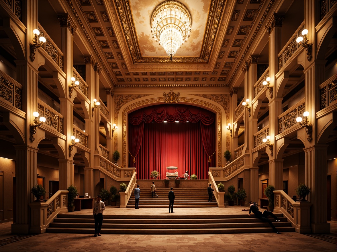 Prompt: Grandiose theater facade, neoclassical architecture, ornate columns, intricate carvings, symmetrical composition, grand entrance, sweeping staircases, opulent chandeliers, rich velvet drapes, gilded details, marble floors, frescoed ceilings, dramatic spotlights, warm golden lighting, shallow depth of field, 1/1 composition, realistic textures, ambient occlusion.