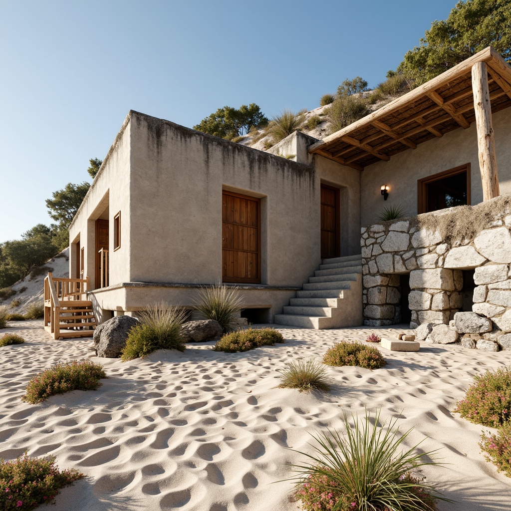 Prompt: Weathered beachside pavilion, natural mud walls, gray stone foundations, driftwood accents, rustic wooden decks, sandy dunes, sea salt air, warm sunny day, soft ocean breeze, shallow depth of field, 1/1 composition, realistic textures, ambient occlusion, earthy color palette, organic forms, natural materials, beachy atmosphere, serene ambiance.