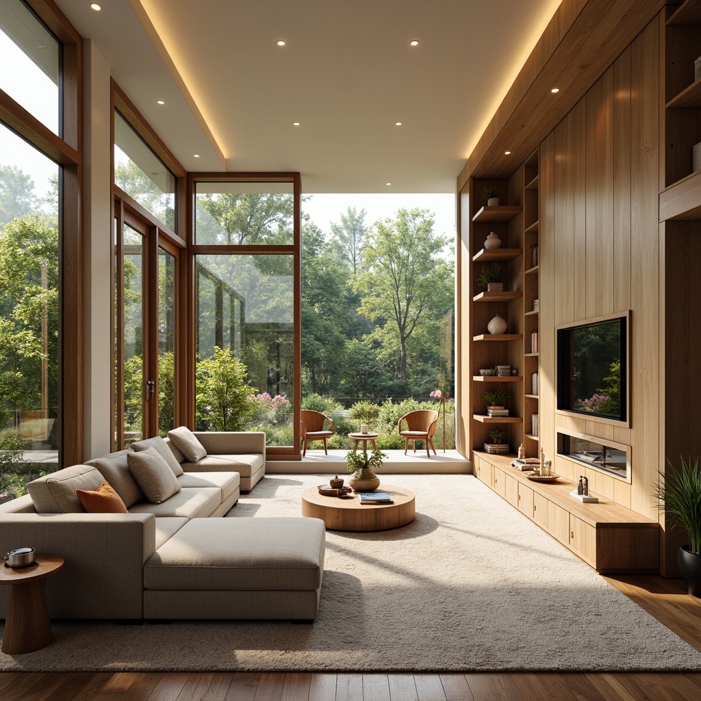 Prompt: Cozy living room, plush sofas, warm beige walls, soft carpet flooring, minimal ornamentation, functional shelving units, ergonomic furniture, ample natural light, floor-to-ceiling windows, sliding glass doors, serene outdoor views, lush greenery, vibrant flowers, modern minimalist decor, calming color palette, efficient storage solutions, multi-functional spaces, open-plan layout, comfortable reading nooks, warm task lighting, soft background music, 1/1 composition, shallow depth of field, realistic textures.