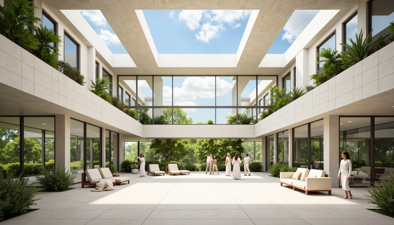 Prompt: Spacious open-plan interior, floor-to-ceiling windows, sliding glass doors, clerestory windows, skylights, reflective surfaces, minimal obstructions, airy atmosphere, natural ventilation, passive solar design, green roofs, living walls, lush vegetation, warm sunny day, soft diffused lighting, high ceilings, minimalist decor, light-colored materials, transparent partitions, seamless transitions, 1/1 composition, realistic textures, ambient occlusion.