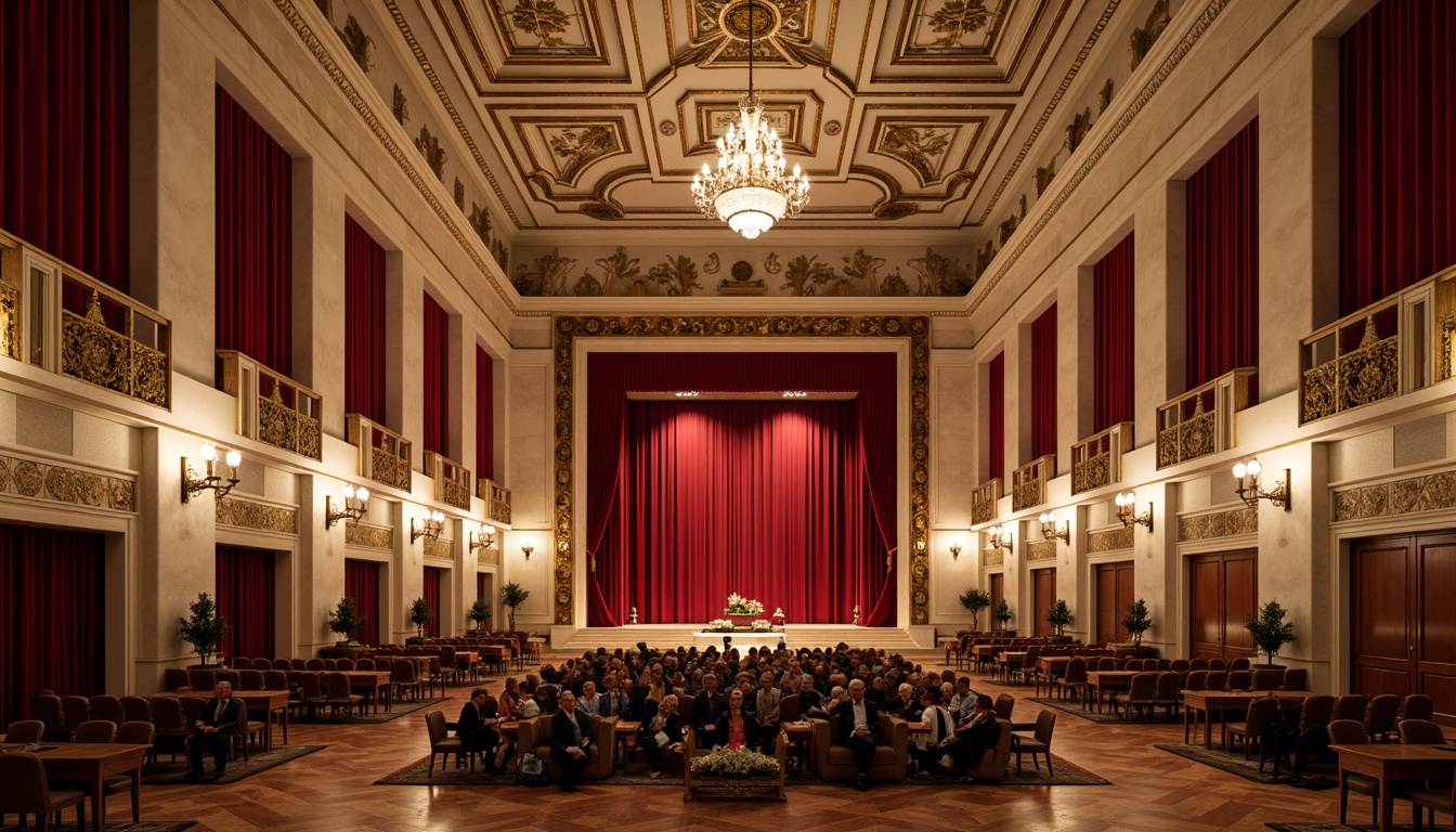 Prompt: Grand concert hall, ornate details, rich velvet curtains, polished marble floors, intricate moldings, gilded accents, luxurious chandeliers, soft warm lighting, shallow depth of field, 3/4 composition, panoramic view, realistic textures, ambient occlusion, neoclassical architecture, symmetrical facades, Corinthian columns, ornate balconies, rusticated bases, smooth limestone walls, decorative friezes, carved wooden panels, intricate plasterwork, opulent furnishings, lavish upholstery, regal red velvet, golden hardware, crystal chandeliers.