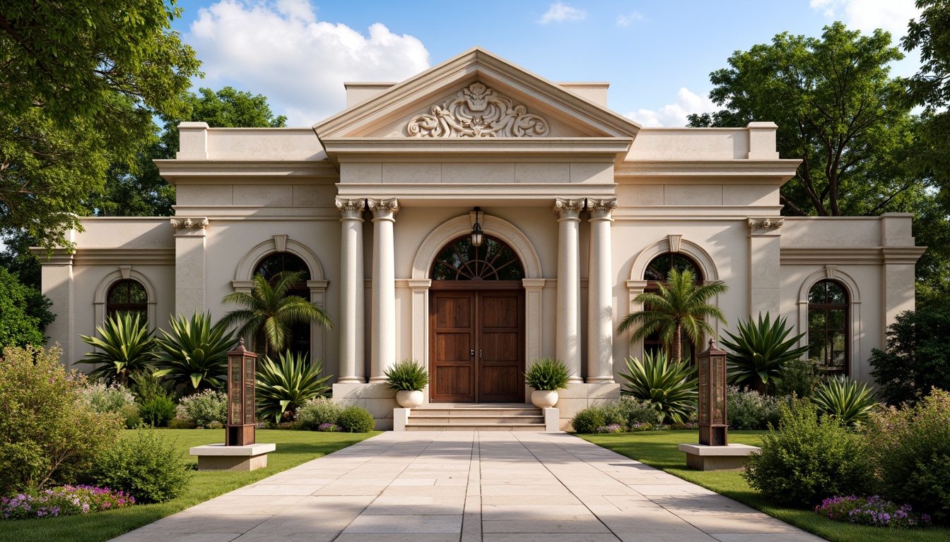 Prompt: Grand zoo entrance, neoclassical facade, ornate columns, carved stone details, symmetrical architecture, majestic archways, intricate moldings, rustic wooden doors, vintage metal lanterns, lush greenery, tropical plants, exotic flowers, sunny day, warm soft lighting, shallow depth of field, 3/4 composition, panoramic view, realistic textures, ambient occlusion.