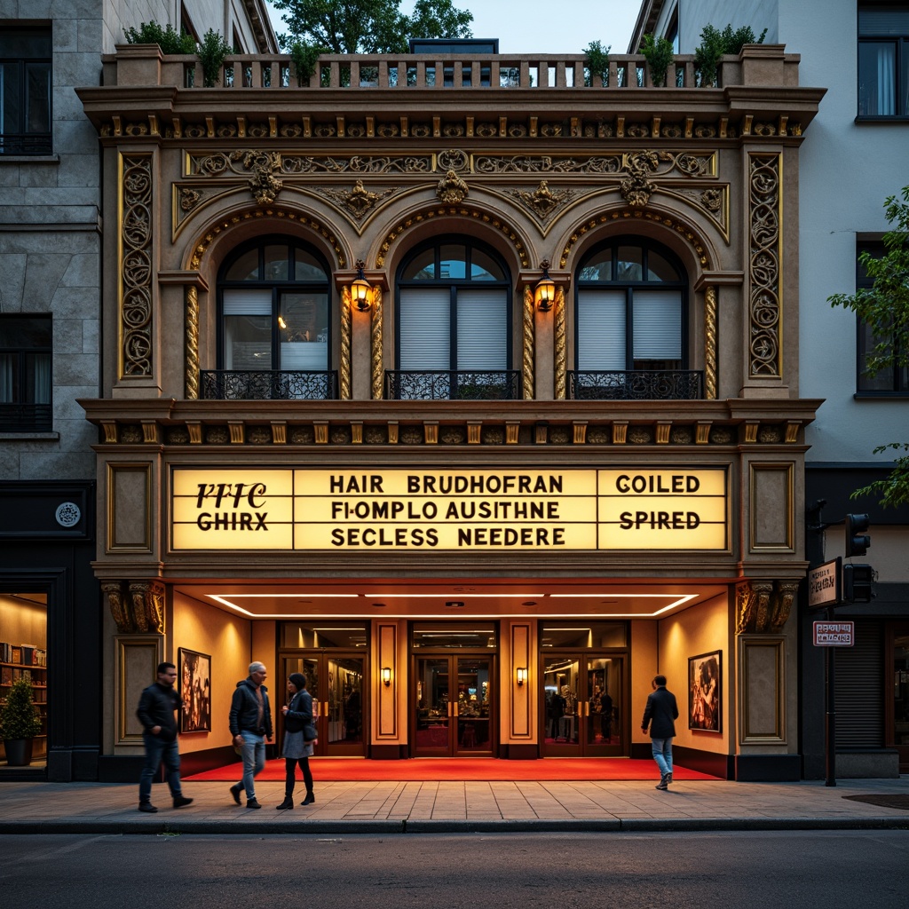 Prompt: Ornate cinema facade, vintage signage, decorative cornices, grand entranceways, red carpeting, golden accents, intricate moldings, ornamental columns, cinematic lighting, warm color palette, nostalgic atmosphere, urban cityscape, bustling streets, evening ambiance, soft focus, shallow depth of field, 1/2 composition, cinematic framing, realistic textures, ambient occlusion.