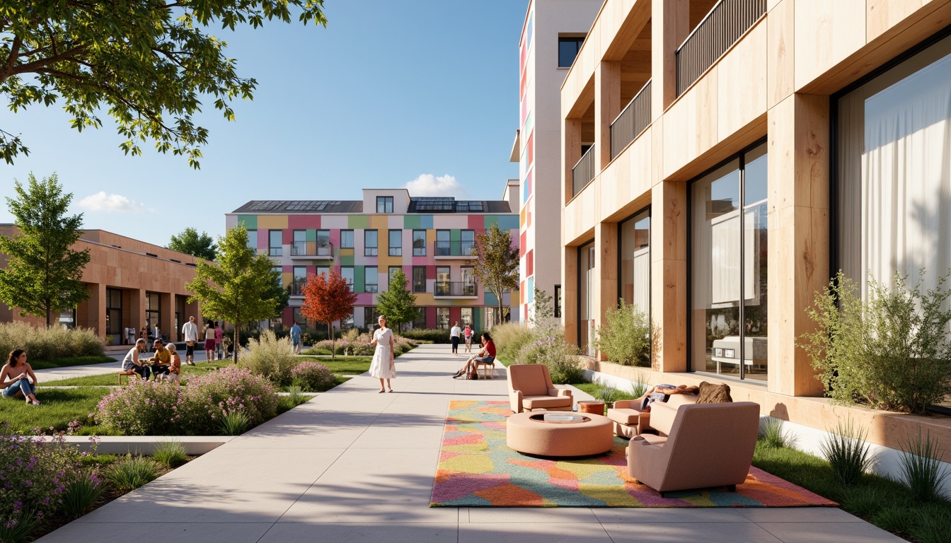 Prompt: Vibrant community center, bold color blocking, pastel hues, neutral backgrounds, natural wood accents, industrial metal frames, large windows, sliding glass doors, urban cityscape, modern architecture, geometric patterns, abstract murals, cozy seating areas, lush green roofs, solar panels, eco-friendly materials, minimalist decor, soft warm lighting, shallow depth of field, 3/4 composition, realistic textures, ambient occlusion.