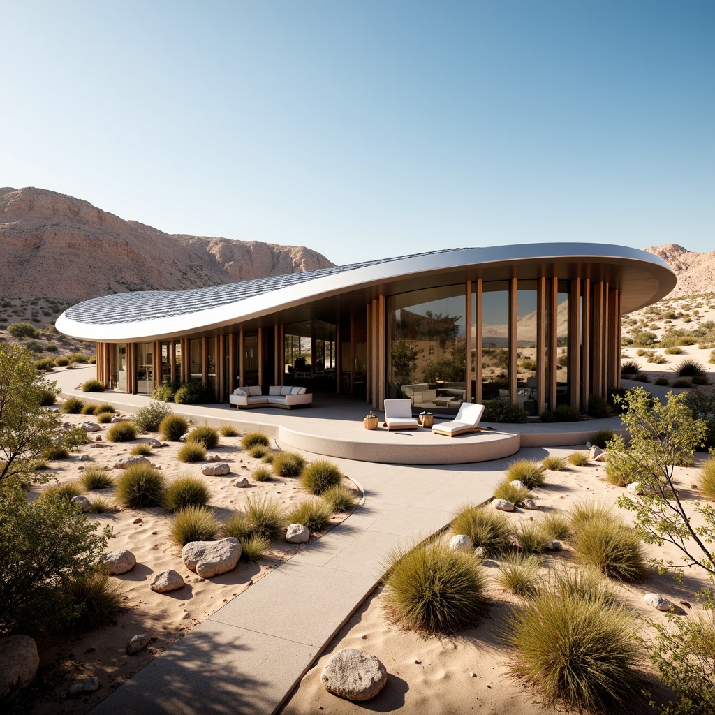 Prompt: Futuristic dwelling, curved lines, metallic fa\u00e7ade, solar panels, green roofs, eco-friendly materials, recycled glass walls, bamboo flooring, low-carbon footprint, minimalist interior, sleek furniture, ambient lighting, soft shadows, shallow depth of field, 1/1 composition, panoramic view, realistic textures, desert landscape, sandy dunes, cactus plants, hot sunny day, clear blue sky, vast open space.