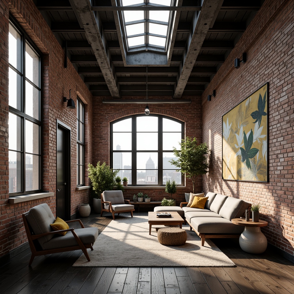 Prompt: Exposed brick walls, industrial metal beams, reclaimed wood floors, minimalist decor, urban cityscape views, large windows, clerestory windows, skylights, natural ventilation, airy open spaces, postmodernist architectural elements, distressed finishes, eclectic furniture, abstract artwork, moody atmospheric lighting, warm color palette, soft shadows, high contrast ratio, 1/1 composition, shallow depth of field, realistic textures, ambient occlusion.