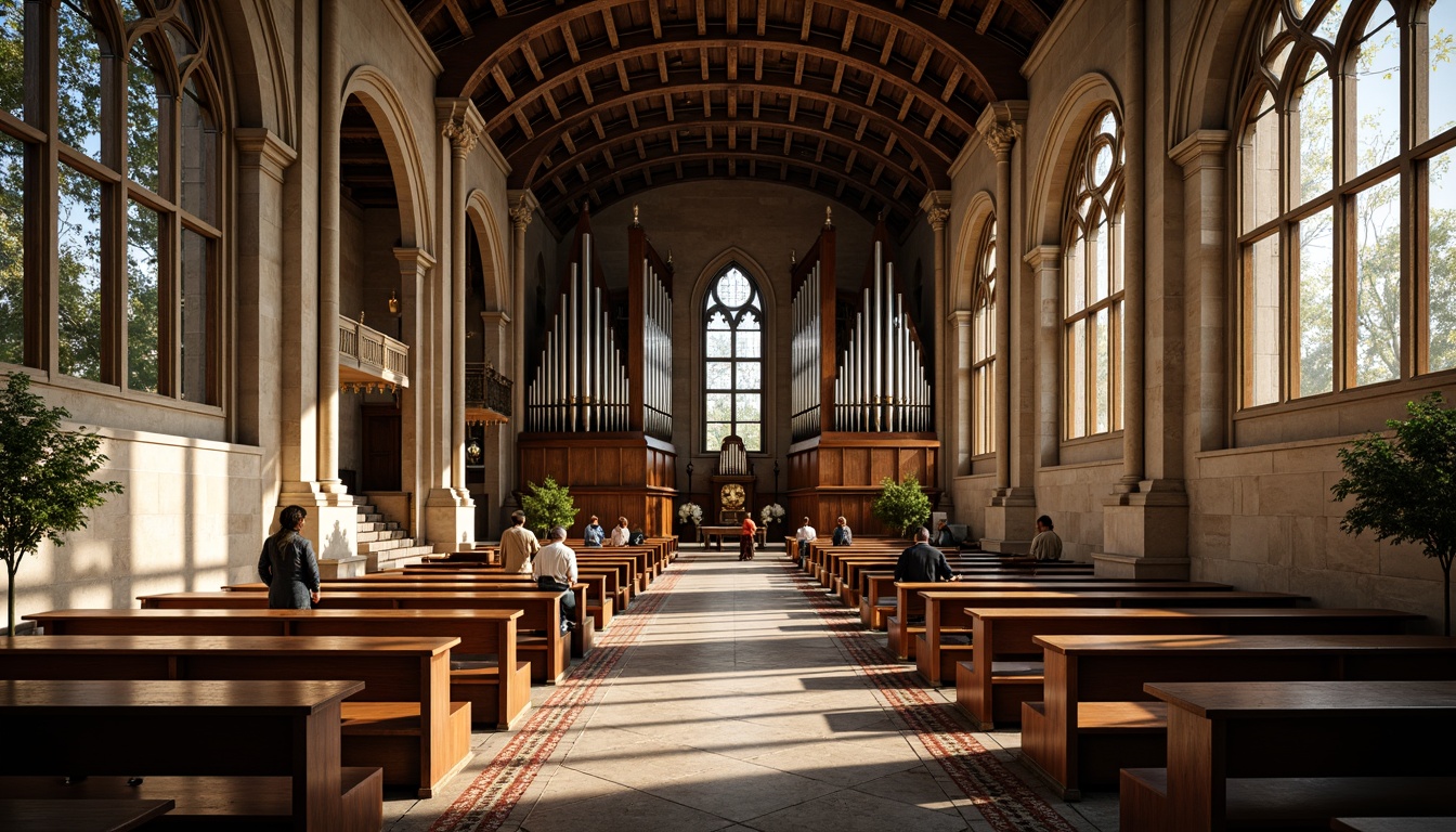 Prompt: Ancient stone church, Gothic arches, stained glass windows, ornate wooden pews, vaulted ceilings, grand pipe organs, intricate carvings, sacred relics, serene ambiance, soft warm lighting, shallow depth of field, 3/4 composition, panoramic view, realistic textures, ambient occlusion, fusion of modern minimalist design, sleek metal accents, clean lines, sustainable energy solutions, solar panels, green roofs, eco-friendly materials, innovative cooling technologies, shaded outdoor spaces, misting systems, vibrant colorful textiles, intricate geometric motifs.