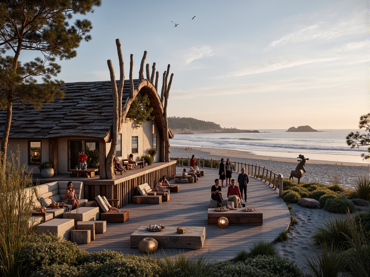 Prompt: Seaside concert house, driftwood accents, ocean-inspired sculptures, weathered wooden decks, nautical rope railings, sea-salt air, crashing waves, sandy dunes, beachy grasses, coastal wildflowers, rustic outdoor furniture, lantern-style lighting, warm sunset colors, soft ocean breeze, shallow depth of field, 1/1 composition, panoramic view, realistic textures, ambient occlusion.