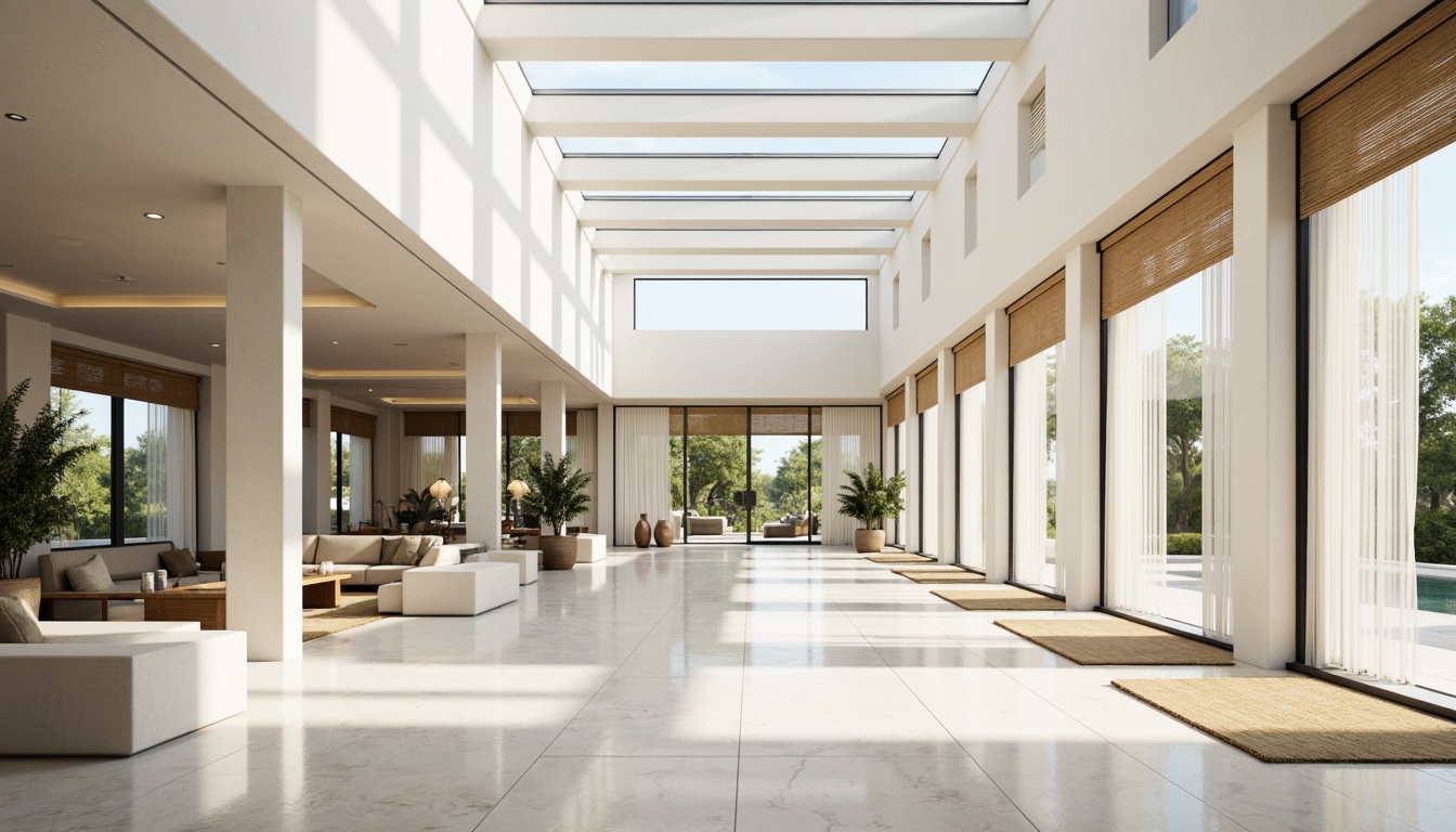 Prompt: Spacious open-plan interior, floor-to-ceiling windows, sliding glass doors, minimal obstructions, reflective surfaces, polished marble floors, bright white walls, clerestory windows, skylights, solar tubes, natural textiles, woven bamboo shades, sheer curtains, airy atmosphere, warm sunny day, soft diffused lighting, high contrast ratio, 1/1 composition, realistic renderings, ambient occlusion.