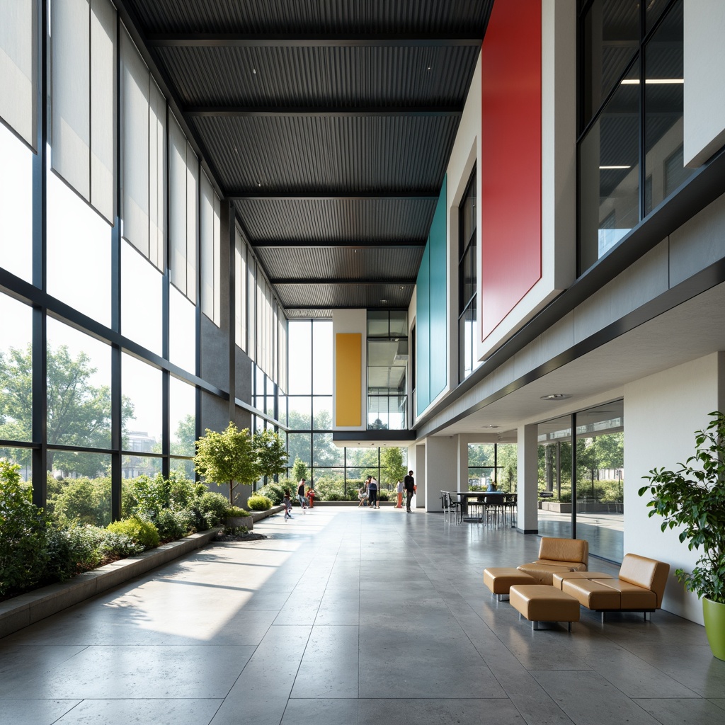 Prompt: Minimalist school building, large windows, metal frames, industrial-style lighting, functional window treatments, roller shades, geometric patterns, bold color accents, rectangular shapes, clean lines, modernist architecture, open floor plans, collaborative learning spaces, natural light, airy atmosphere, 1/1 composition, high-contrast lighting, realistic textures, ambient occlusion.