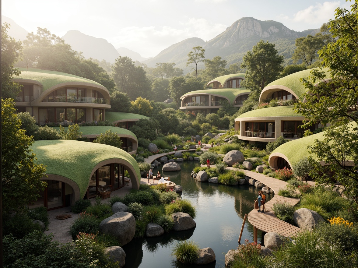 Prompt: Organic blob-shaped buildings, curved lines, futuristic architecture, lush green roofs, verdant walls, natural stone foundations, meandering pathways, serene water features, koi ponds, wooden decks, cantilevered structures, panoramic views, soft warm lighting, shallow depth of field, 3/4 composition, realistic textures, ambient occlusion, misty morning atmosphere, vibrant colorful flora, eclectic garden ornaments, whimsical sculptures.