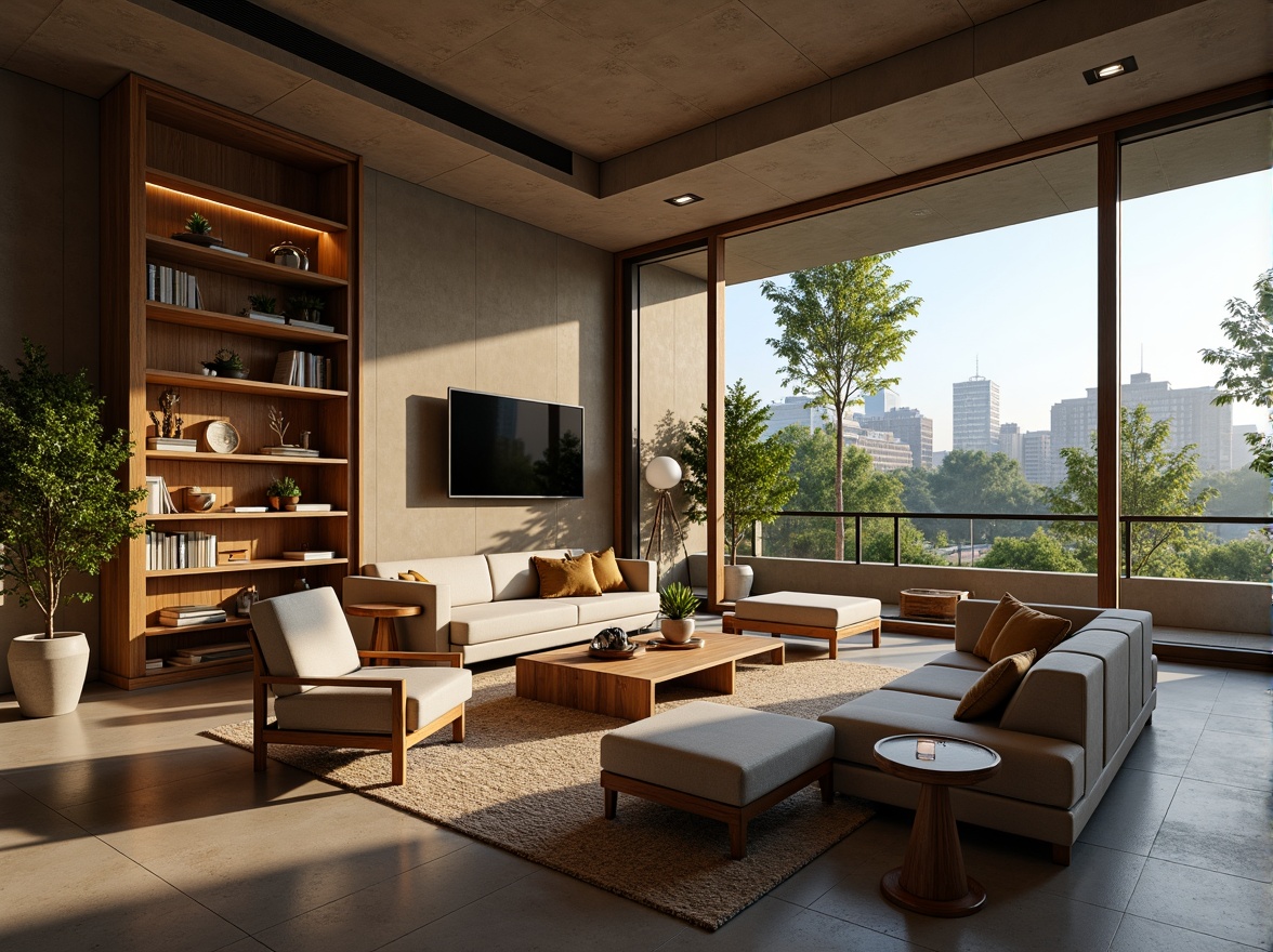 Prompt: Cozy living room, comfortable sofas, wooden coffee tables, soft cushions, warm lighting, modern minimalist decor, functional shelving units, sleek TV stands, spacious open-plan layout, natural stone flooring, earthy color palette, lush greenery, floor-to-ceiling windows, sliding glass doors, panoramic city views, 1/1 composition, shallow depth of field, realistic textures, ambient occlusion.