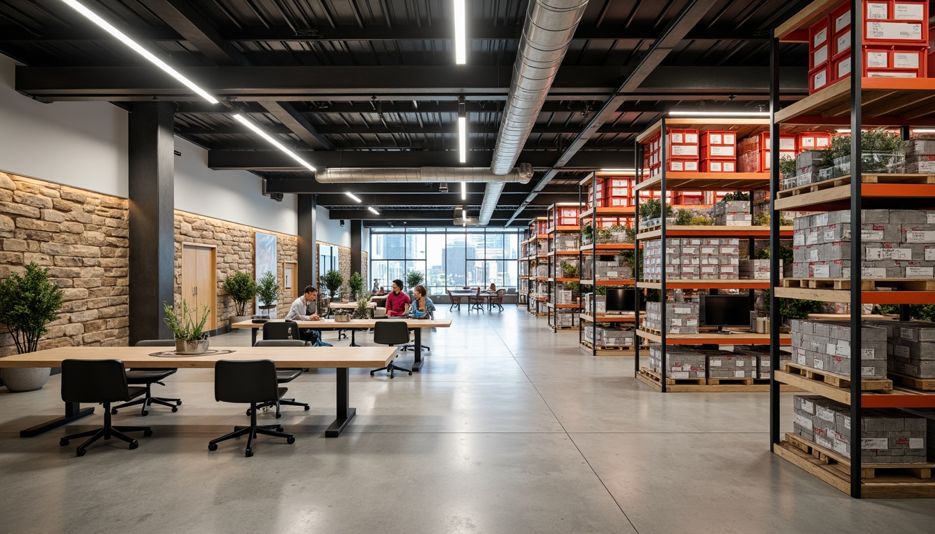 Prompt: Modern distribution center interior, industrial chic aesthetic, exposed ductwork, polished concrete floors, sleek metal shelving, vibrant color-coded storage bins, ergonomic workstations, minimalist desks, adjustable task lighting, open-concept collaboration areas, acoustic paneling, natural stone accents, reclaimed wood features, energy-efficient LED lighting, 3/4 composition, shallow depth of field, realistic textures, ambient occlusion.