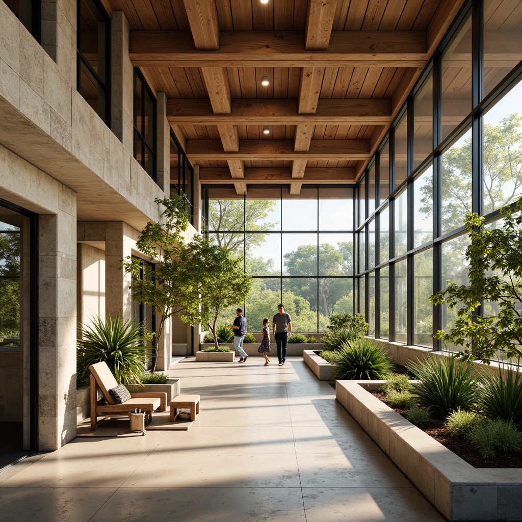 Prompt: Earthy visitor center, natural stone walls, wooden accents, warm beige tones, soft sage greens, calming blues, rustic metal fixtures, reclaimed wood furniture, organic textures, nature-inspired patterns, abundant greenery, floor-to-ceiling windows, panoramic views, warm sunny day, soft diffused lighting, shallow depth of field, 3/4 composition, realistic materials, ambient occlusion.