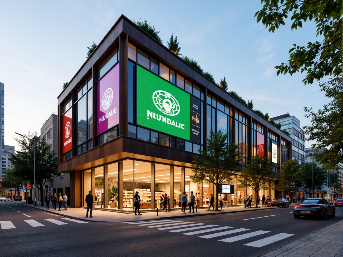 Prompt: Vibrant grocery store facade, modern angular lines, large glass windows, sliding doors, LED signage, colorful branding, urban cityscape, busy street scene, morning sunlight, soft warm lighting, shallow depth of field, 3/4 composition, panoramic view, realistic textures, ambient occlusion, sustainable materials, green walls, living roofs, eco-friendly design, innovative ventilation systems, natural stone cladding, metal frames, minimalist aesthetic, futuristic architecture.