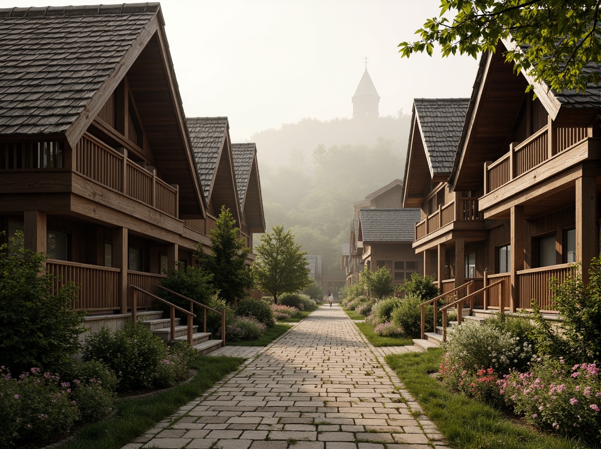 Prompt: Traditional village setting, rustic wooden houses, steeply pitched roofs, wide roof overhangs, ornate wooden brackets, decorative trusses, earthy color palette, natural stone foundations, lush greenery, vibrant flowers, misty morning atmosphere, soft warm lighting, shallow depth of field, 3/4 composition, panoramic view, realistic textures, ambient occlusion.