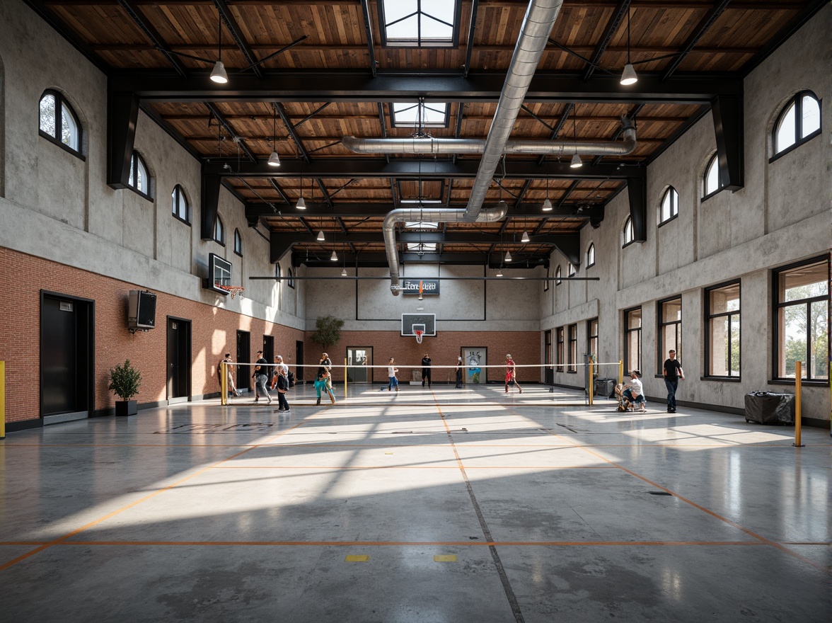 Prompt: Industrial-style gymnasium, exposed ductwork, metal beams, polished concrete floors, reclaimed wood accents, industrial lighting fixtures, steel columns, minimalist decor, functional layout, athletic equipment, basketball hoops, volleyball nets, exercise machines, free weights, mirrored walls, natural ventilation, abundant daylight, high ceilings, urban atmosphere, gritty textures, realistic reflections, shallow depth of field, 1/1 composition, dramatic shadows.