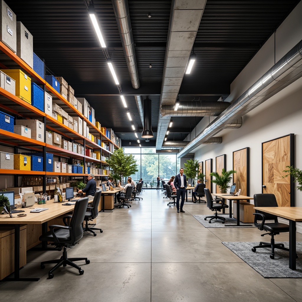 Prompt: Modern distribution center interior, industrial chic aesthetic, exposed ductwork, polished concrete floors, sleek metal shelving, vibrant color-coded storage bins, ergonomic workstations, minimalist desks, adjustable task lighting, open-concept collaboration areas, acoustic paneling, natural stone accents, reclaimed wood features, energy-efficient LED lighting, 3/4 composition, shallow depth of field, realistic textures, ambient occlusion.