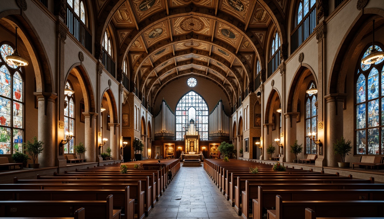 Prompt: Vaulted ceilings, stained glass windows, grandiose chandeliers, ornate wooden pews, intricate stone carvings, fusion of modern minimalism, sleek metal accents, warm ambient lighting, soft natural textures, sacred symbols, vibrant frescoes, majestic pipe organs, elegant archways, solemn atmosphere, dramatic verticality, 1/1 composition, high contrast ratio, realistic reflections, subtle color grading.