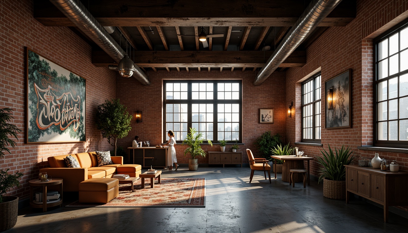 Prompt: Exposed brick walls, industrial metal beams, reclaimed wood accents, vintage factory windows, ornate Art Deco patterns, geometric metallic details, distressed concrete floors, urban cityscape views, moody atmospheric lighting, warm golden hour tones, shallow depth of field, 1/2 composition, cinematic framing, realistic textures, ambient occlusion, community gathering spaces, eclectic furniture arrangements, vibrant street art murals, edgy graffiti accents.