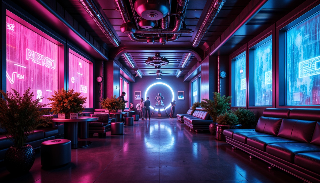 Prompt: Neon-lit bar interior, futuristic architecture, metallic accents, holographic displays, cyberpunk vibes, iridescent fabrics, shimmering curtains, LED-infused textiles, glowing neon signs, retro-futuristic furniture, space-age decor, sleek chrome surfaces, ambient electronic music, dimly lit atmosphere, 1/1 composition, cinematic lighting, high-tech materials, avant-garde design elements.