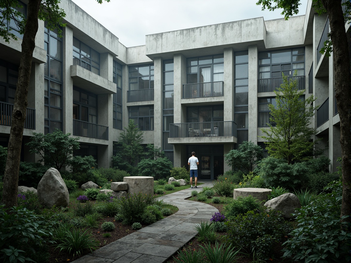 Prompt: Rugged zoo enclosure, brutalist concrete walls, raw steel beams, industrial metal mesh, vibrant animal habitats, lush greenery, misty atmosphere, dramatic lighting, bold geometric shapes, abstract patterns, weathered stone textures, distressed wood accents, urban jungle landscape, overcast sky, high contrast shadows, cinematic composition, wide-angle lens, realistic renderings.