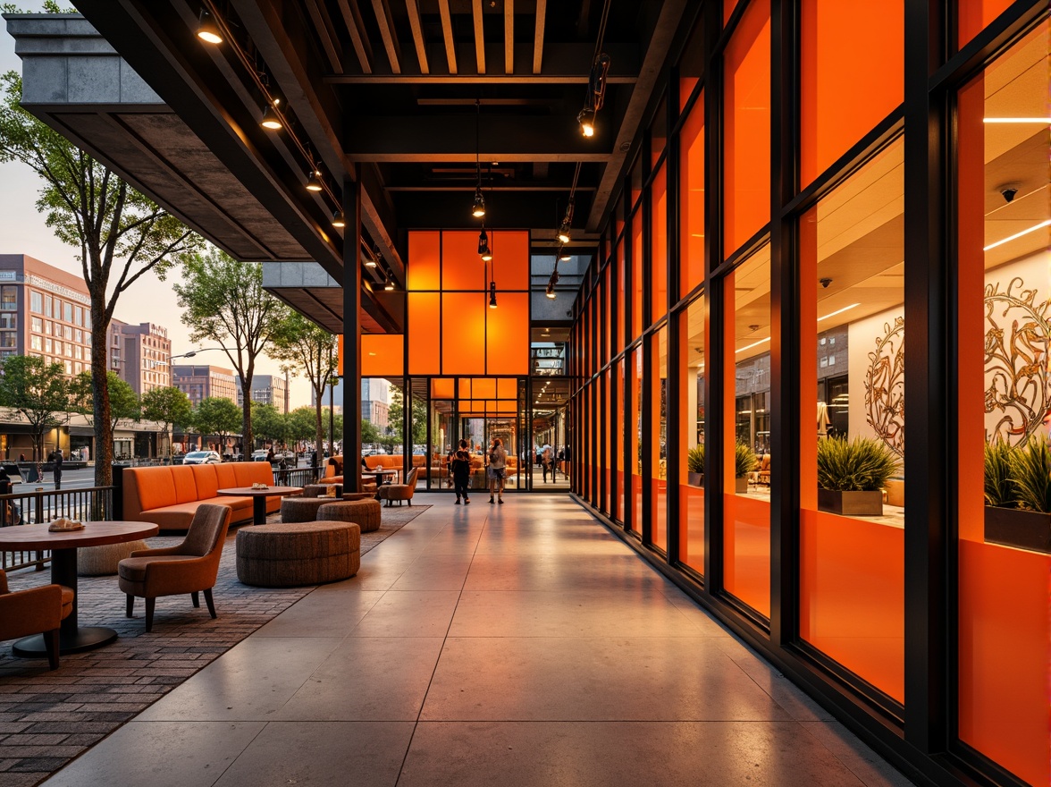 Prompt: Vibrant tangerine hues, modern architectural design, bold color blocking, warm inviting atmosphere, sleek metal accents, glass fa\u00e7ades, urban cityscape, bustling streets, trendy cafes, eclectic street art, graffiti murals, industrial chic interiors, exposed brick walls, polished concrete floors, minimalist decor, statement furniture pieces, energetic lighting fixtures, dynamic shadows, 1/1 composition, high contrast ratio, cinematic color grading.