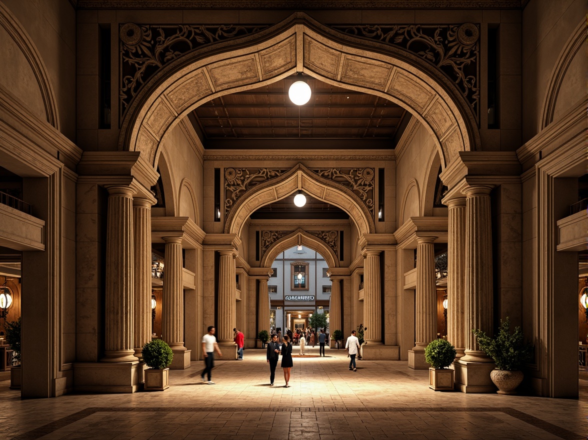 Prompt: Grand entrance, ornate details, symmetrical composition, elegant columns, intricately carved stonework, majestic archways, imposing scale, luxurious materials, metallic accents, sophisticated color palette, subtle texture variations, dramatic lighting effects, warm golden illumination, shallow depth of field, 1/1 composition, realistic reflections, ambient occlusion.