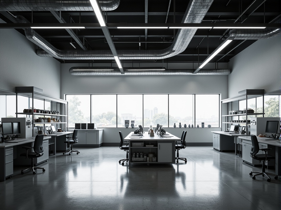 Prompt: Monochromatic laboratory, minimalist aesthetic, sleek metal facade, large glass windows, industrial pipes, exposed ductwork, polished concrete floors, modern LED lighting, futuristic equipment, scientific instruments, sterile workbenches, ergonomic chairs, geometric patterns, subtle textures, soft ambient lighting, shallow depth of field, 1/1 composition, realistic reflections, atmospheric misting.