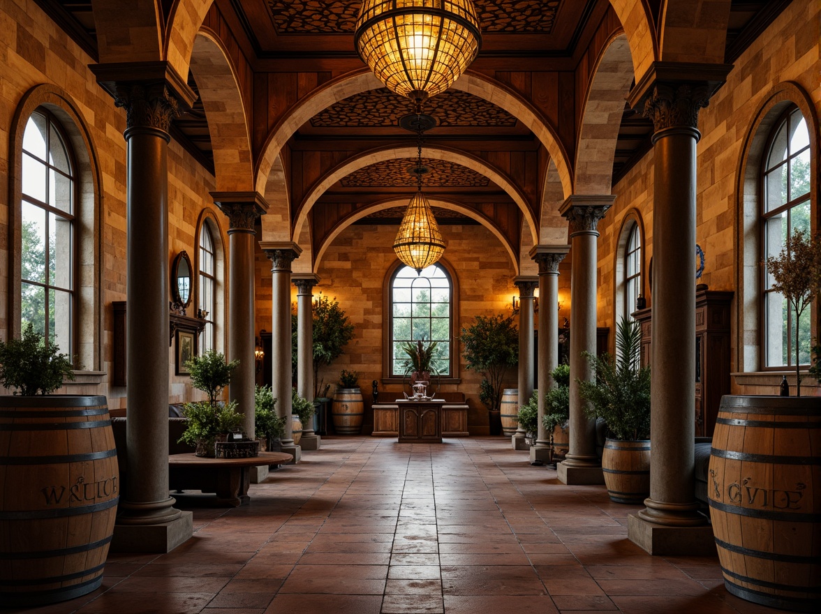 Prompt: Ornate winery columns, Baroque-style architecture, rustic stone walls, curved archways, grand chandeliers, lavish furnishings, rich wood accents, ornamental metalwork, intricate carvings, vintage wine barrels, dim warm lighting, soft focus, shallow depth of field, 1/2 composition, symmetrical framing, realistic textures, ambient occlusion.