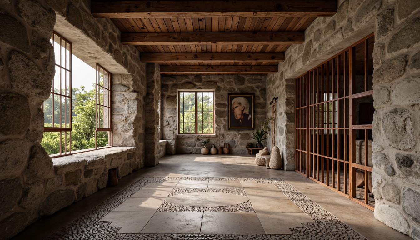 Prompt: Rough stone walls, weathered wooden planks, rusty metal grills, smooth concrete floors, intricate tile mosaics, natural rock formations, earthy terrain, organic shapes, brutalist architecture, industrial chic aesthetic, dramatic shadows, warm ambient lighting, shallow depth of field, 1/1 composition, realistic textures, ambient occlusion.