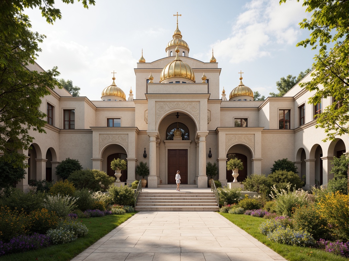 Prompt: Grand monastery entrance, symmetrical facade, neoclassical columns, ornate carvings, golden domes, intricate stone patterns, serene courtyard, lush greenery, vibrant flowers, peaceful ambiance, soft natural lighting, shallow depth of field, 1/1 composition, central axis symmetry, harmonious proportions, elegant archways, refined stucco walls, subtle color palette, warm beige tones, ornate metalwork, devotional statues, mystical atmosphere, morning mist, gentle sunlight.