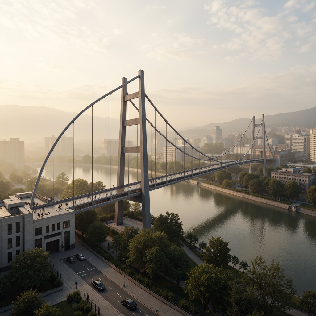 Prompt: Sleek suspension bridge, curved steel arches, sturdy pillars, modern urban landscape, misty morning atmosphere, soft warm lighting, shallow depth of field, 3/4 composition, panoramic view, realistic textures, ambient occlusion, pedestrian walkways, cyclist lanes, vehicular traffic flow, structural integrity, load-bearing capacity, wind resistance, seismic stability, innovative materials, sustainable construction methods, minimalist aesthetic, functional simplicity.