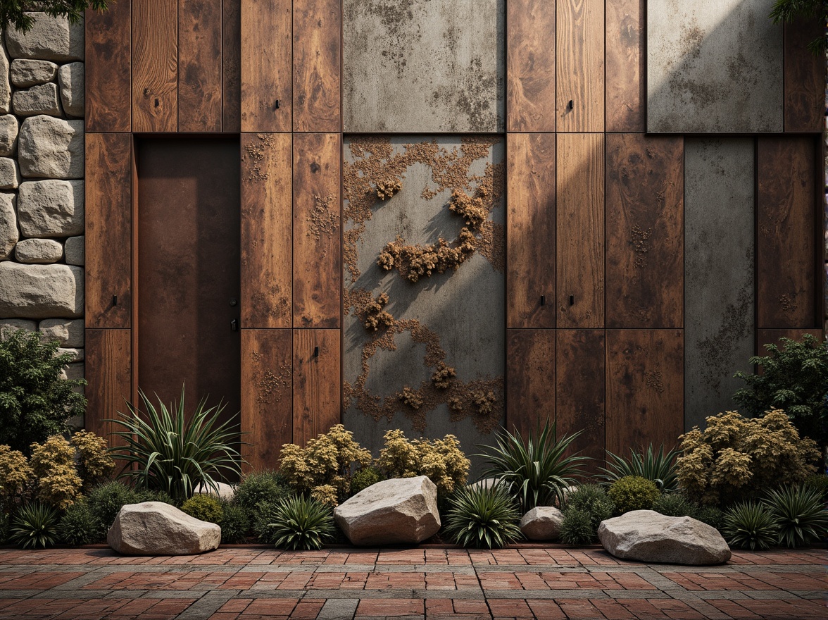 Prompt: Rustic stone walls, weathered wooden planks, distressed metal panels, rough-hewn concrete blocks, ornate tile mosaics, intricate brick patterns, natural rock formations, earthy color palette, organic shapes, irregular textures, abstract compositions, dramatic lighting effects, high-contrast shadows, atmospheric misting, 1/1 composition, realistic material rendering, ambient occlusion.