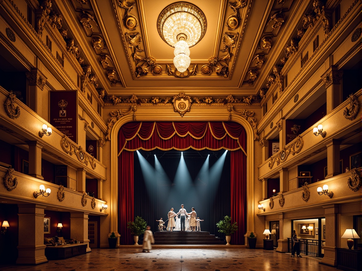 Prompt: Grandiose opera house, ornate golden details, crimson velvet curtains, majestic chandeliers, intricate moldings, marble floors, sweeping staircases, lavish furnishings, rich tapestries, dramatic spotlights, warm ambient lighting, shallow depth of field, 1/1 composition, symmetrical framing, opulent textures, subtle color grading.