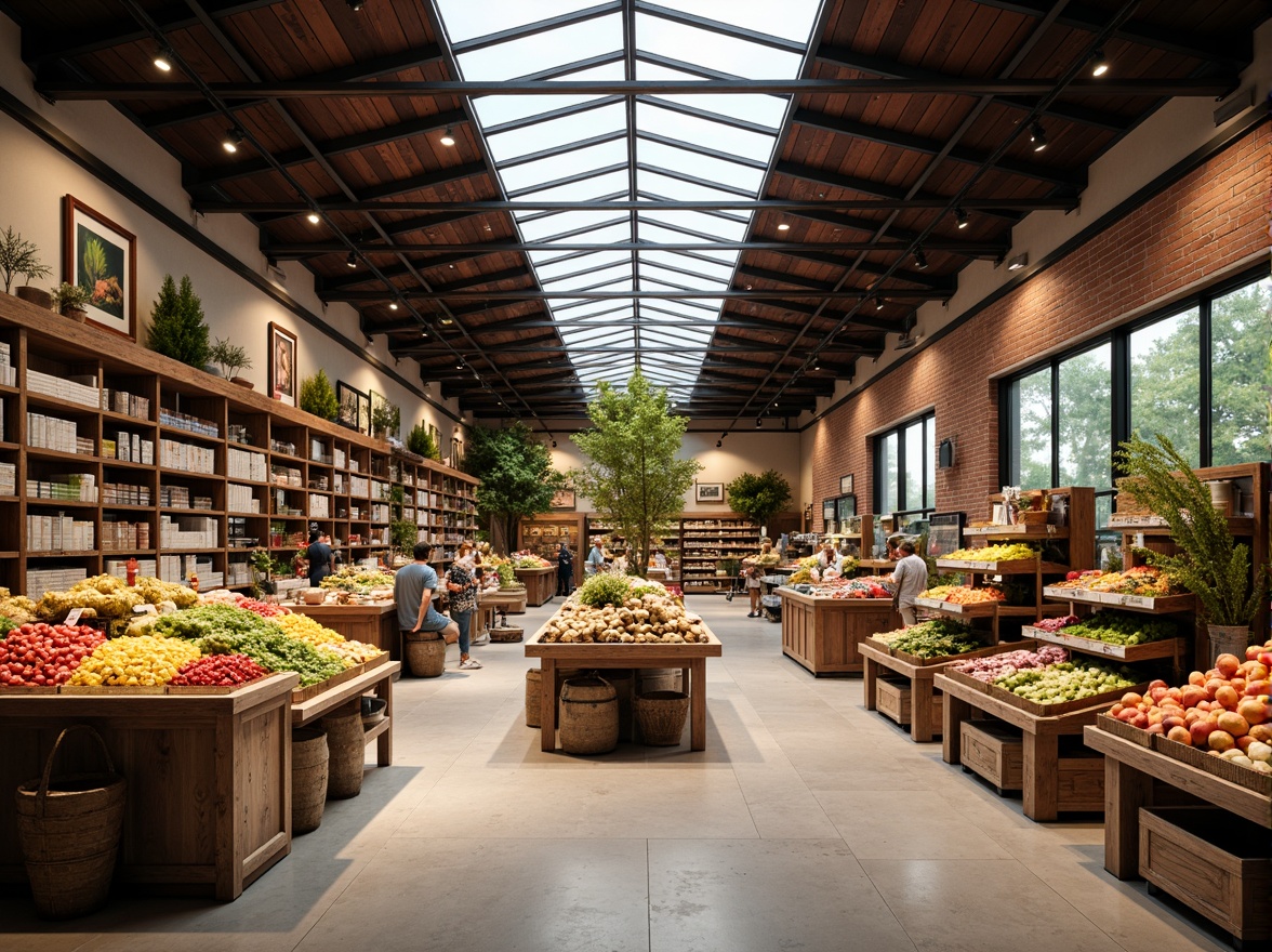 Prompt: Vibrant grocery store interior, eclectic style, natural lighting, large skylights, wooden accents, exposed brick walls, industrial metal beams, colorful product displays, fresh produce stands, artisanal food sections, distressed wood shelves, vintage decorative items, warm earthy tones, soft diffused light, shallow depth of field, 1/1 composition, realistic textures, ambient occlusion.