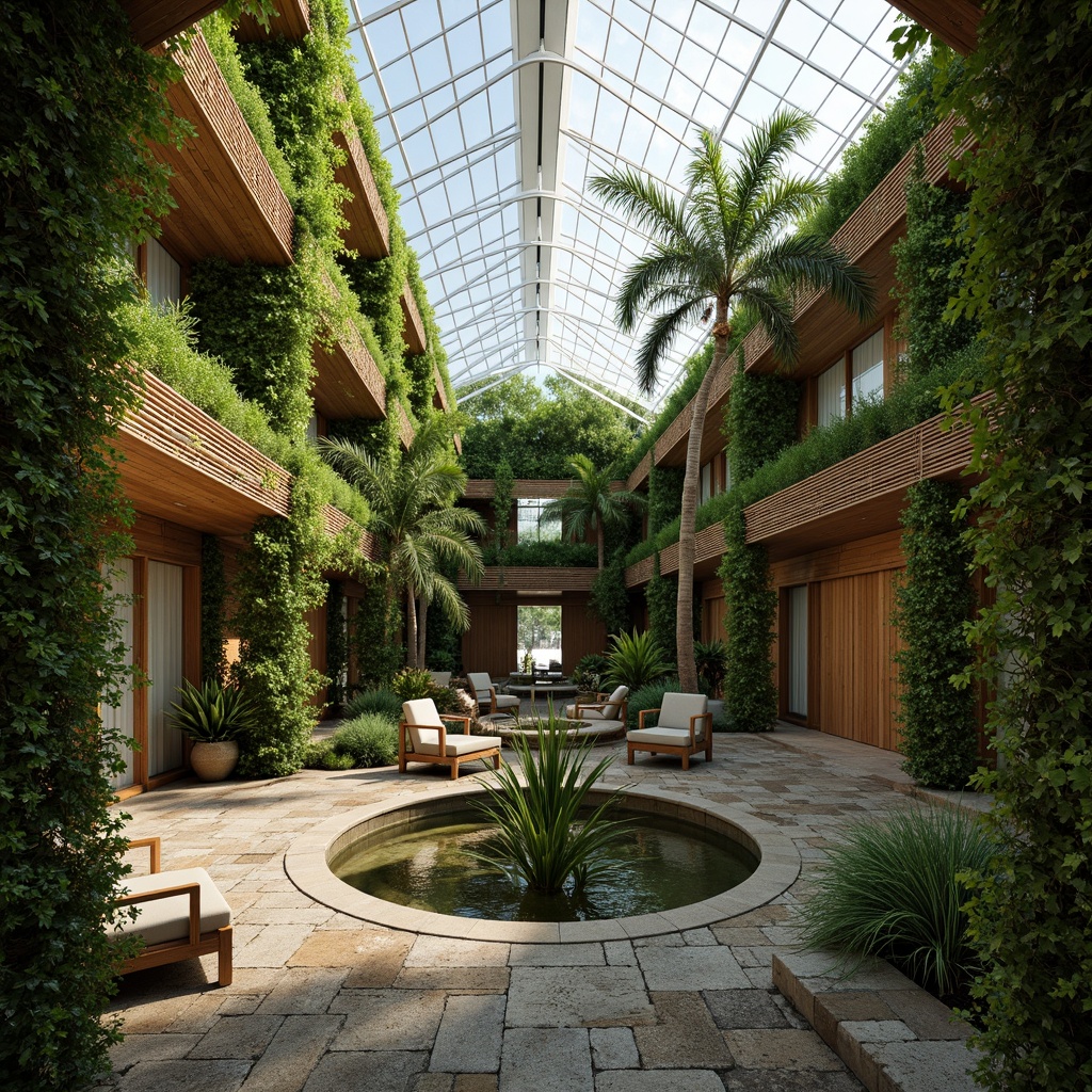 Prompt: Lush green walls, natural stone floors, reclaimed wood accents, living roofs, verdant courtyards, organic shapes, curved lines, earthy tones, abundant daylight, clerestory windows, skylights, solar tubes, bioluminescent lighting, water features, koi ponds, green screens, trellises, vines, botanical patterns, natural ventilation systems, passive design strategies, sustainable building materials, eco-friendly furnishings, serene ambiance, soft warm lighting, shallow depth of field, 3/4 composition, panoramic view, realistic textures, ambient occlusion.