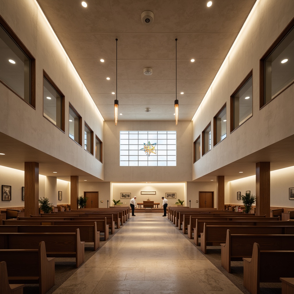 Prompt: Minimalist church interior, sleek modern architecture, clean lines, monochromatic color scheme, subtle ambient lighting, warm LED strips, recessed ceiling lights, suspended pendant lamps, polished chrome fixtures, stained glass windows, natural stone flooring, wooden pews, minimalist altar design, softbox lighting, 1/1 composition, shallow depth of field, realistic textures, ambient occlusion.