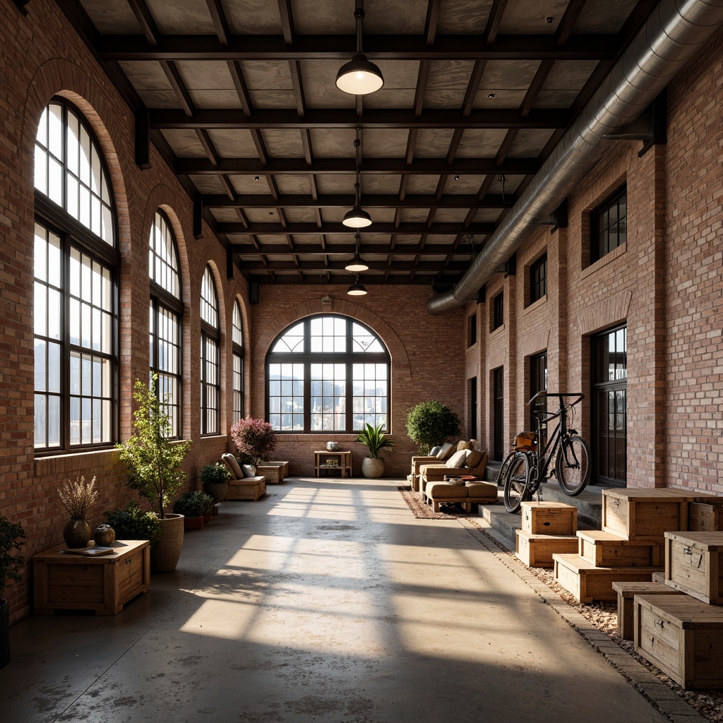 Prompt: Rustic warehouse, exposed brick walls, metal beams, wooden crates, industrial lighting, concrete floors, steel frames, corrugated metal roofs, reclaimed wood accents, earthy color palette, natural textures, urban landscape, cityscape views, functional design, open spaces, minimal ornamentation, raw finishes, distressed materials, vintage machinery, eclectic decor, warm atmospheric lighting, shallow depth of field, 1/1 composition, realistic renderings.