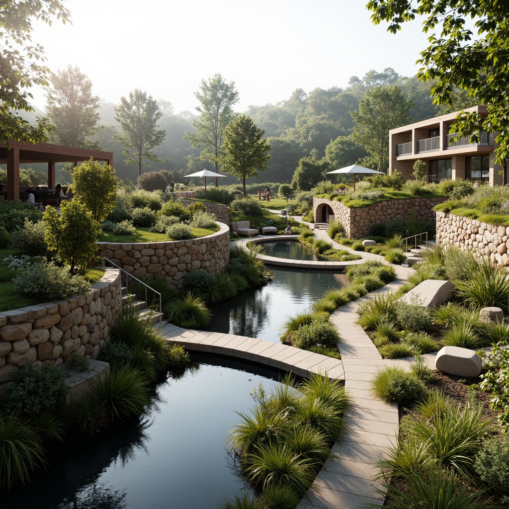 Prompt: Seamless site integration, organic architecture, curved lines, natural stone walls, green roofs, lush vegetation, native plants, meandering pathways, wooden bridges, serene water features, reflecting pools, minimalist landscaping, eco-friendly materials, sustainable design, solar panels, wind turbines, rainwater harvesting systems, shaded outdoor spaces, misting systems, warm natural lighting, soft focus, 3/4 composition, panoramic view, realistic textures, ambient occlusion.