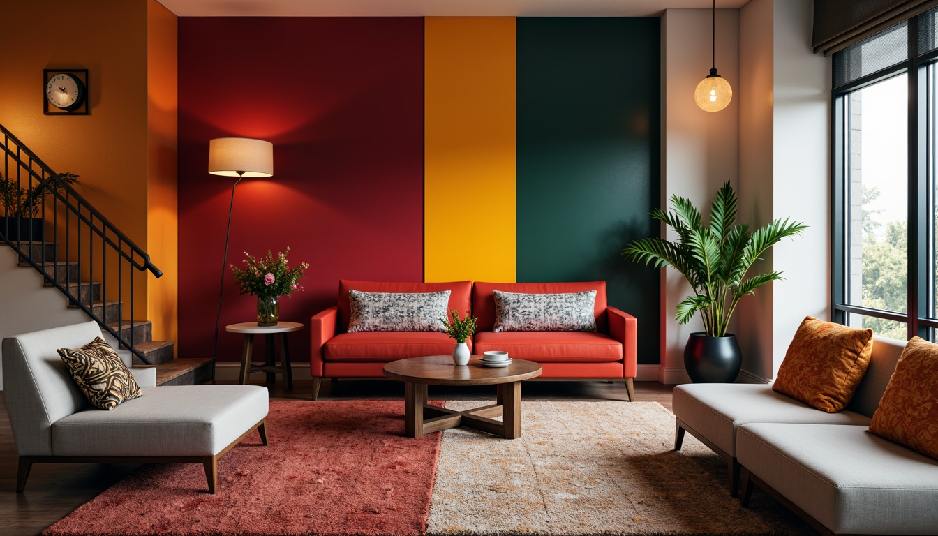 Prompt: Vibrant accent walls, bold color blocking, contrasting furniture upholstery, richly textured rugs, metallic decorative accents, modern minimalist decor, sleek low-profile seating, geometric patterned throw pillows, warm ambient lighting, soft focus blur, 1/2 composition, shallow depth of field, realistic material reflections.