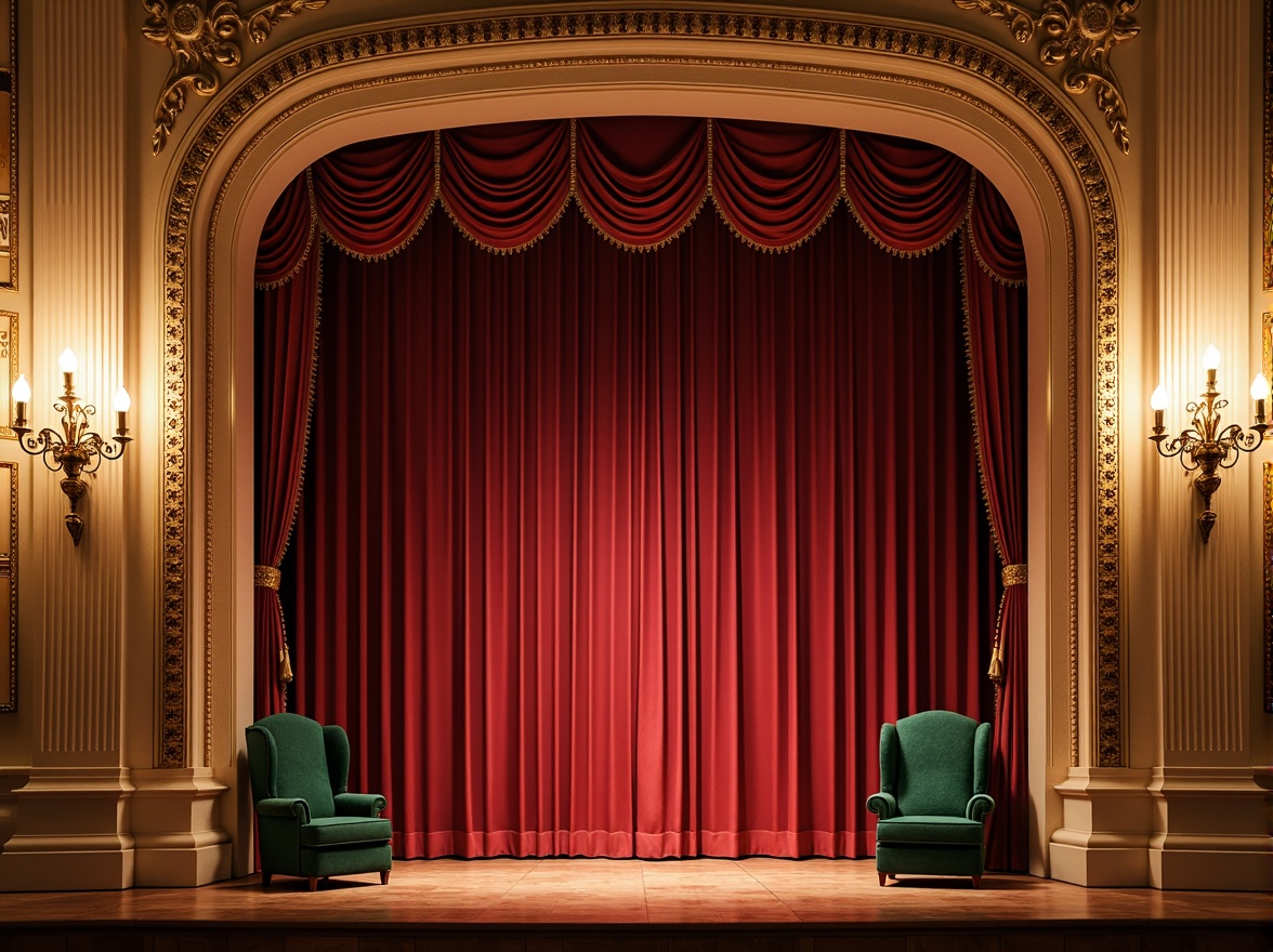 Prompt: Rich velvet curtains, ornate golden frames, soft warm lighting, majestic stage presence, neoclassical architectural details, cream-colored marble columns, intricate moldings, lavish chandeliers, crimson red accents, emerald green upholstery, luxurious silk fabrics, subtle sheen textures, dramatic spotlights, 3/4 composition, shallow depth of field, realistic reflections, ambient occlusion.